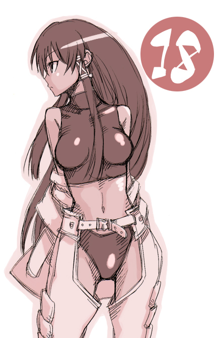 mikami komata, mikami konu, tatsumiya mana, mahou sensei negima!, 00s, 1girl, bare shoulders, braid, female focus, hair tubes, holster, midriff, monochrome, numbered, pink theme, side braid, solo
