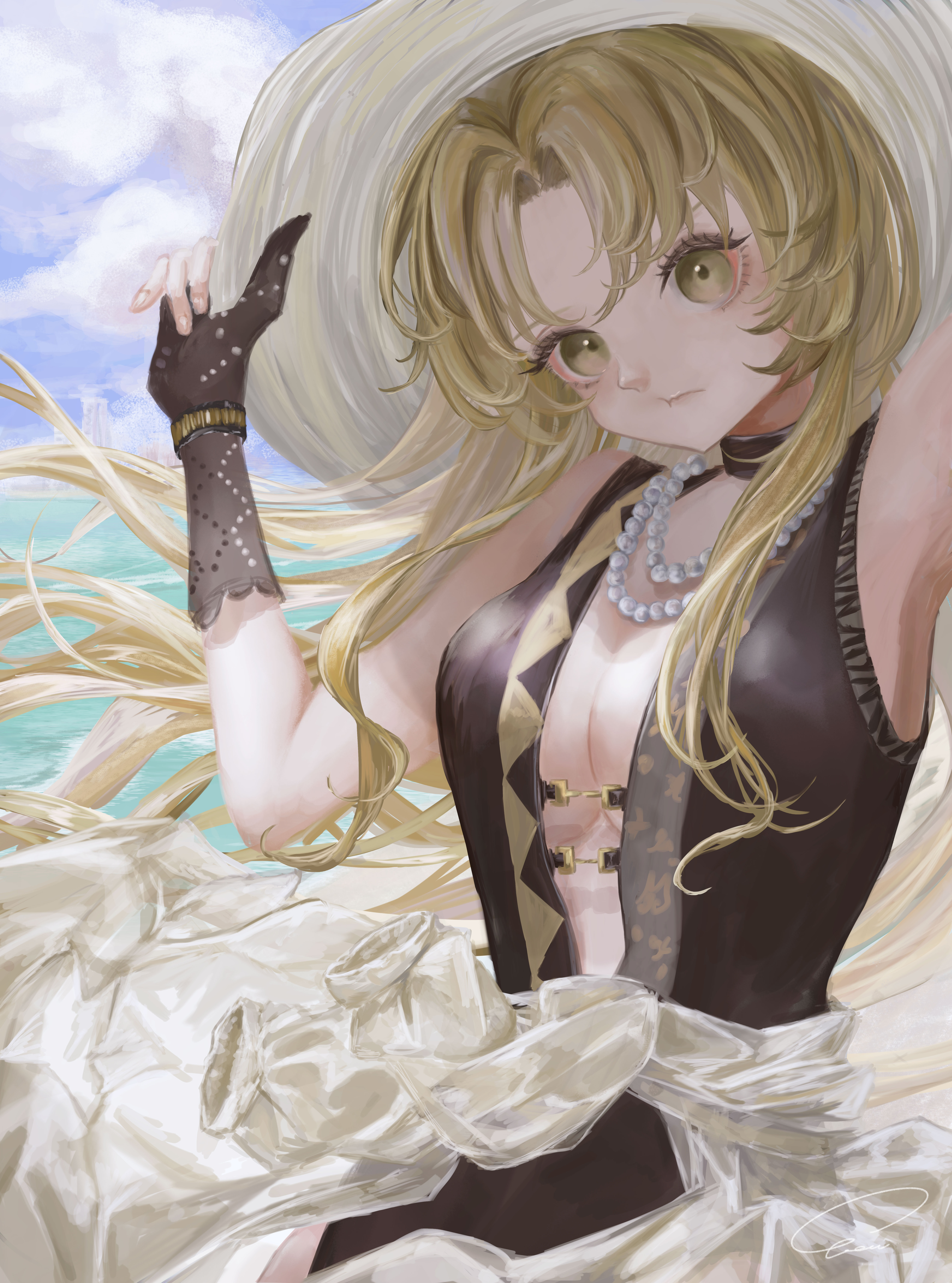 vea (v ea ), swire (arknights), swire (summer) (arknights), arknights, absurdres, highres, 1girl, black gloves, black one-piece swimsuit, blonde hair, bracelet, breasts, center opening, cleavage, closed mouth, clothes around waist, cloud, cloudy sky, elbow gloves, eyelashes, floating hair, gloves, hand on headwear, hat, jewelry, long hair, looking at viewer, medium breasts, necklace, ocean, official alternate costume, one-piece swimsuit, partially fingerless gloves, pearl necklace, pout, sky, sleeveless, standing, sun hat, swimsuit, tiger girl, white hat, yellow eyes