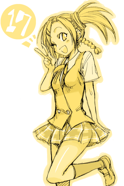 mikami komata, mikami konu, shiina sakurako, mahou sensei negima!, 00s, 1girl, female focus, leg up, monochrome, numbered, one eye closed, plaid clothes, plaid skirt, skirt, solo, v, yellow theme