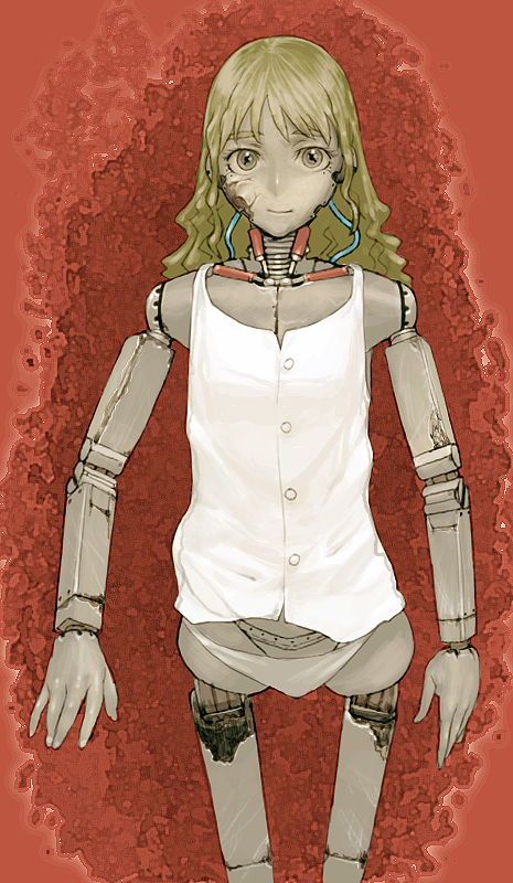 maruyama rui, original, tagme, 1girl, android, blonde hair, female focus, joints, long hair, looking at viewer, mechanical parts, panties, robot joints, smile, solo, underwear, white panties