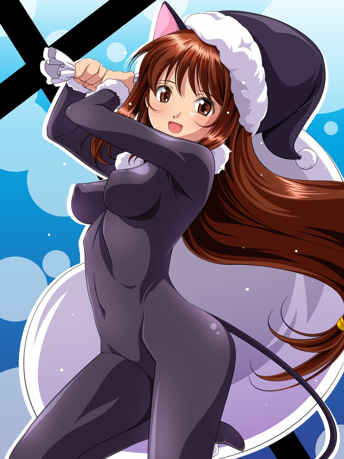 aoi nagisa (metalder), erica fontaine, sakura taisen, sakura taisen iii, highres, 00s, 1girl, animal ears, black bodysuit, black hat, black santa costume, bodysuit, breasts, brown eyes, brown hair, cat ears, catsuit, covered erect nipples, female focus, hat, latex, long hair, low-tied long hair, medium breasts, santa costume, santa hat, solo
