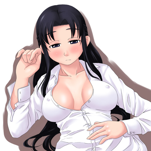 toshifumi, hosokawa kanako, maria-sama ga miteru, lowres, 00s, 1girl, blush, breasts, covered erect nipples, female focus, no bra, open clothes, open shirt, shirt, solo