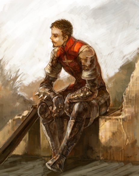 burari, jan rosencrantz, vagrant story, bad id, bad pixiv id, 1boy, armor, cross, full body, gradient background, male focus, nature, outdoors, plant, sky, solo, sword, weapon, white background