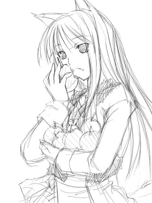 ribi, holo, spice and wolf, 00s, 1girl, animal ears, apple, eating, female focus, food, fruit, greyscale, holding, holding food, holding fruit, monochrome, sketch, solo, wolf ears