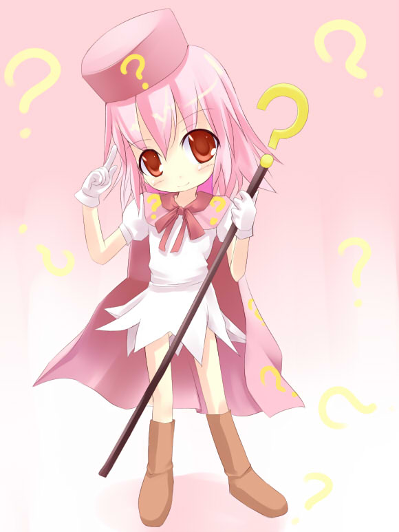 kuro (be ok), hatena yousei, benesse, 1girl, ?, boots, female focus, gloves, hat, pink hair, pink hat, red eyes, solo