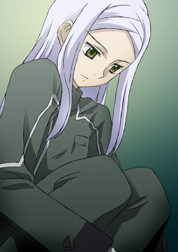 midori (searchlight), soma peries, gundam, gundam 00, silver hair, lowres, 00s, 1girl, female focus, long hair, military, military uniform, solo, yellow eyes