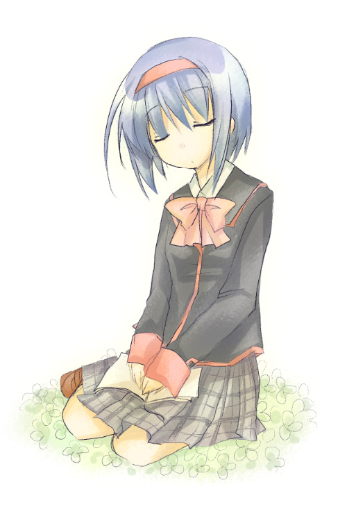furui suguri, nishizono mio, little busters!, plaid, 1girl, blazer, blue hair, bow, bowtie, female focus, full body, grey skirt, hairband, jacket, long sleeves, pleated skirt, red bow, red bowtie, simple background, sitting, skirt, sleeping, sleeping upright, solo, white background, yokozuwari