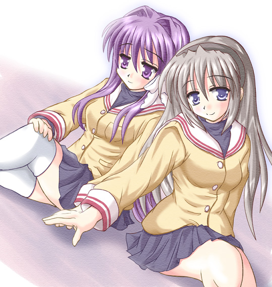 hiiragi tomoka, fujibayashi kyou, sakagami tomoyo, clannad, silver hair, 00s, blue eyes, hairband, long hair, purple eyes, purple hair, school uniform, serafuku, thighhighs