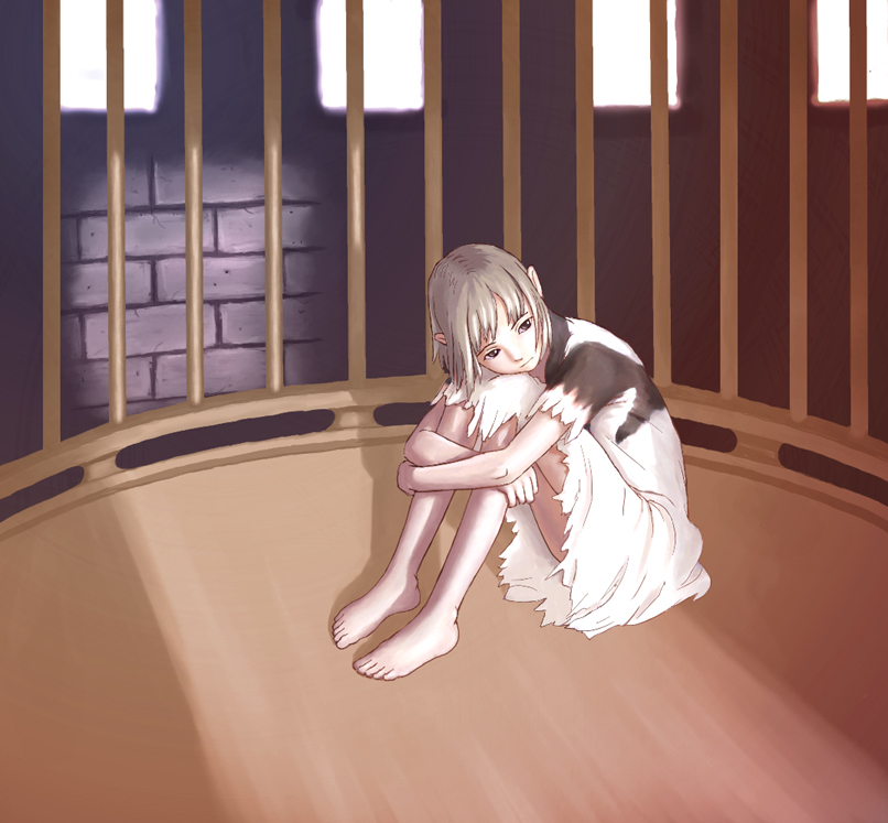 flash tomo, yorda, ico, light, bad id, bad pixiv id, 1girl, barefoot, cage, feet, female focus, hugging own legs, pointy ears, solo