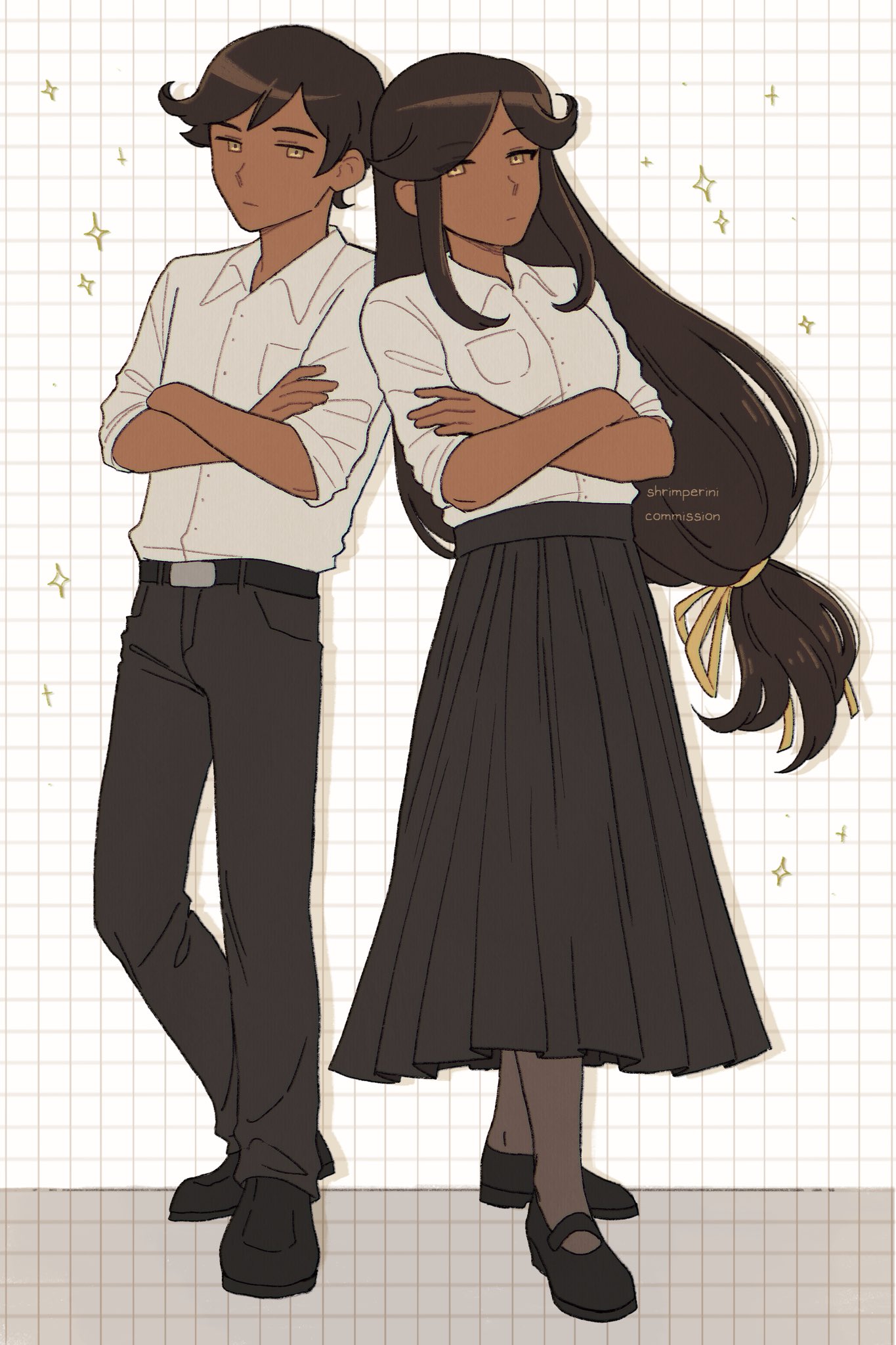 shrimperini, bowen (omori), daphne (omori), omori, commission, highres, 1boy, 1girl, artist name, black hair, black pants, black shoes, black skirt, breasts, brother and sister, brown pantyhose, closed mouth, collared shirt, crossed arms, dark-skinned female, dark-skinned male, dark skin, hair ribbon, long skirt, looking at viewer, pants, pantyhose, parted bangs, ponytail, ribbon, shirt, shoes, short hair, short sleeves, siblings, skirt, small breasts, swept bangs, white shirt, yellow eyes, yellow ribbon