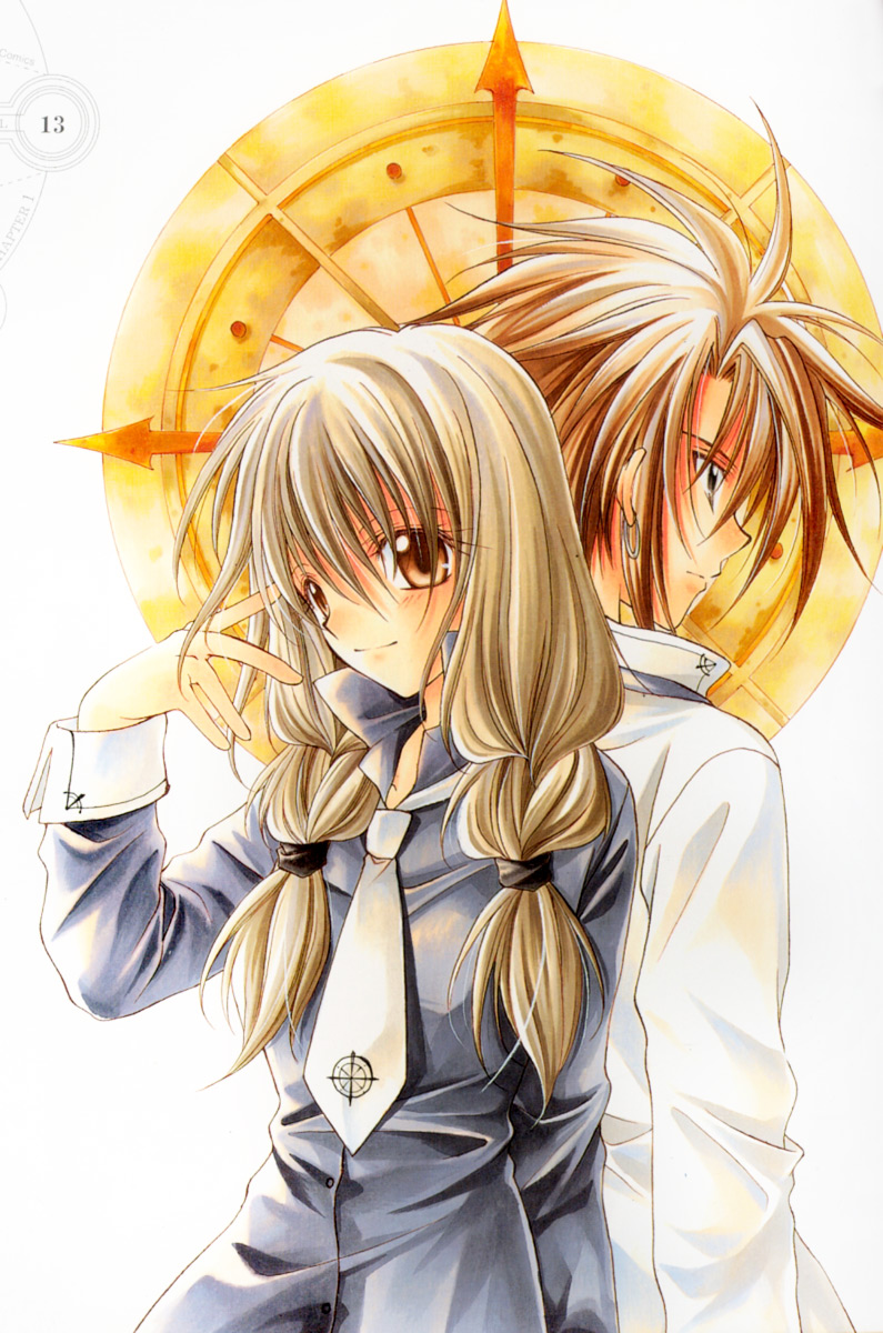 mizuno eita, narumi ayumu, yuizaki hiyono, spiral (manga), highres, scan, 00s, back-to-back, brown eyes, brown hair, long hair, necktie, spiral