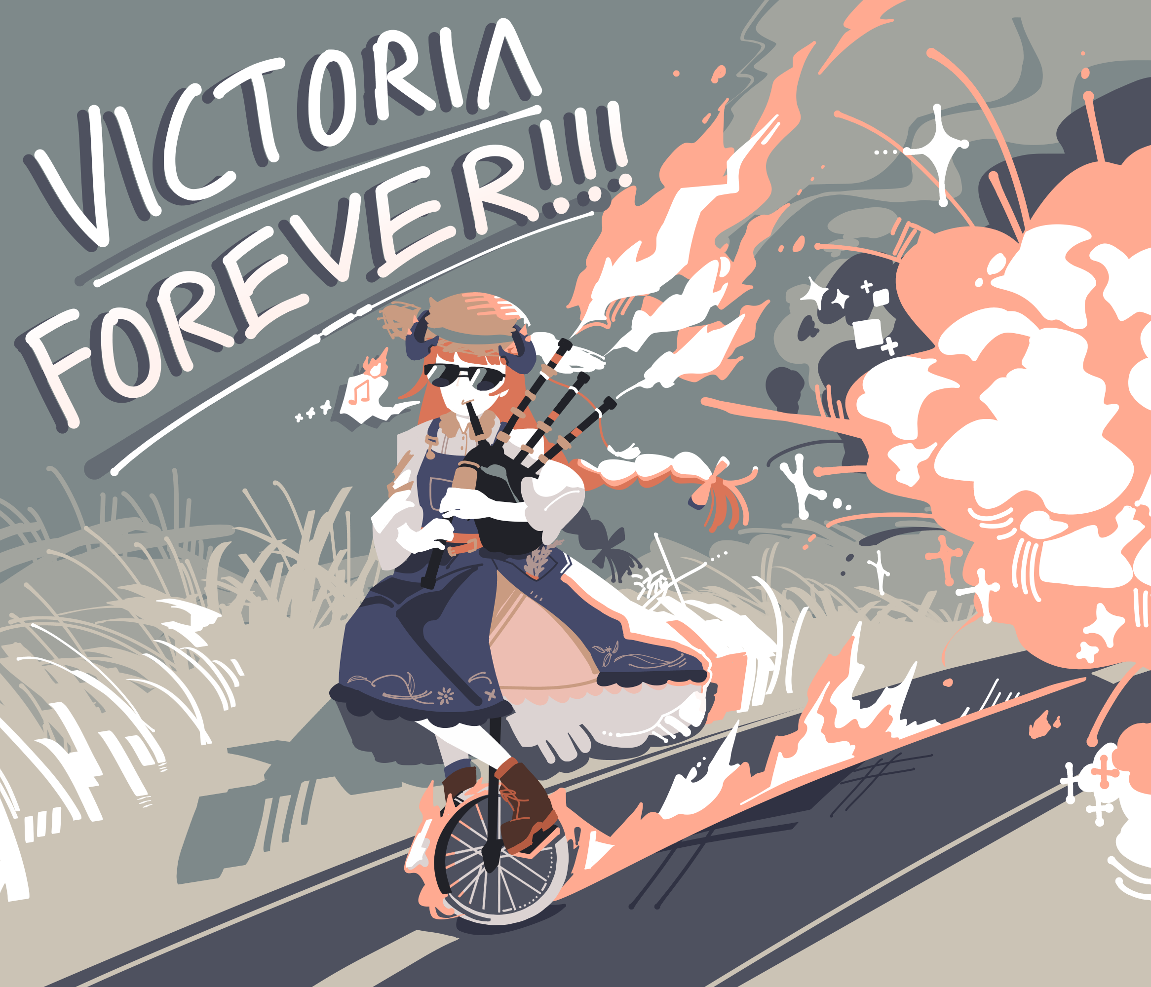 thatpebble, bagpipe (arknights), bagpipe (echo of bagpipes) (arknights), arknights, commentary, english commentary, highres, 1girl, bagpipes, braid, closed mouth, dragon horns, dress, english text, explosion, full body, hat, holding, holding instrument, horns, instrument, long hair, musical note, official alternate costume, orange hair, outdoors, riding, solo, speech bubble, straw hat, sunglasses, twin braids, wheat, wheat field, white dress