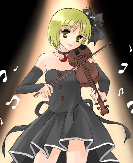 coco (artist), lunasa prismriver, touhou, 1girl, bare shoulders, beamed quavers, blonde hair, choker, detached sleeves, dress, female focus, formal clothes, gradient background, instrument, music, musical note, ribbon, short hair, solo, spotlight, strapless, strapless dress, violin, yellow eyes