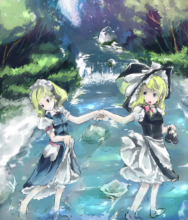 enpou, alice margatroid, kirisame marisa, touhou, 2girls, barefoot, day, dotfight, dress, female focus, forest, hat, holding, holding shoes, holding unworn clothes, multiple girls, nature, oekaki, outdoors, plant, shoes, skirt hold, unworn shoes, wading, water