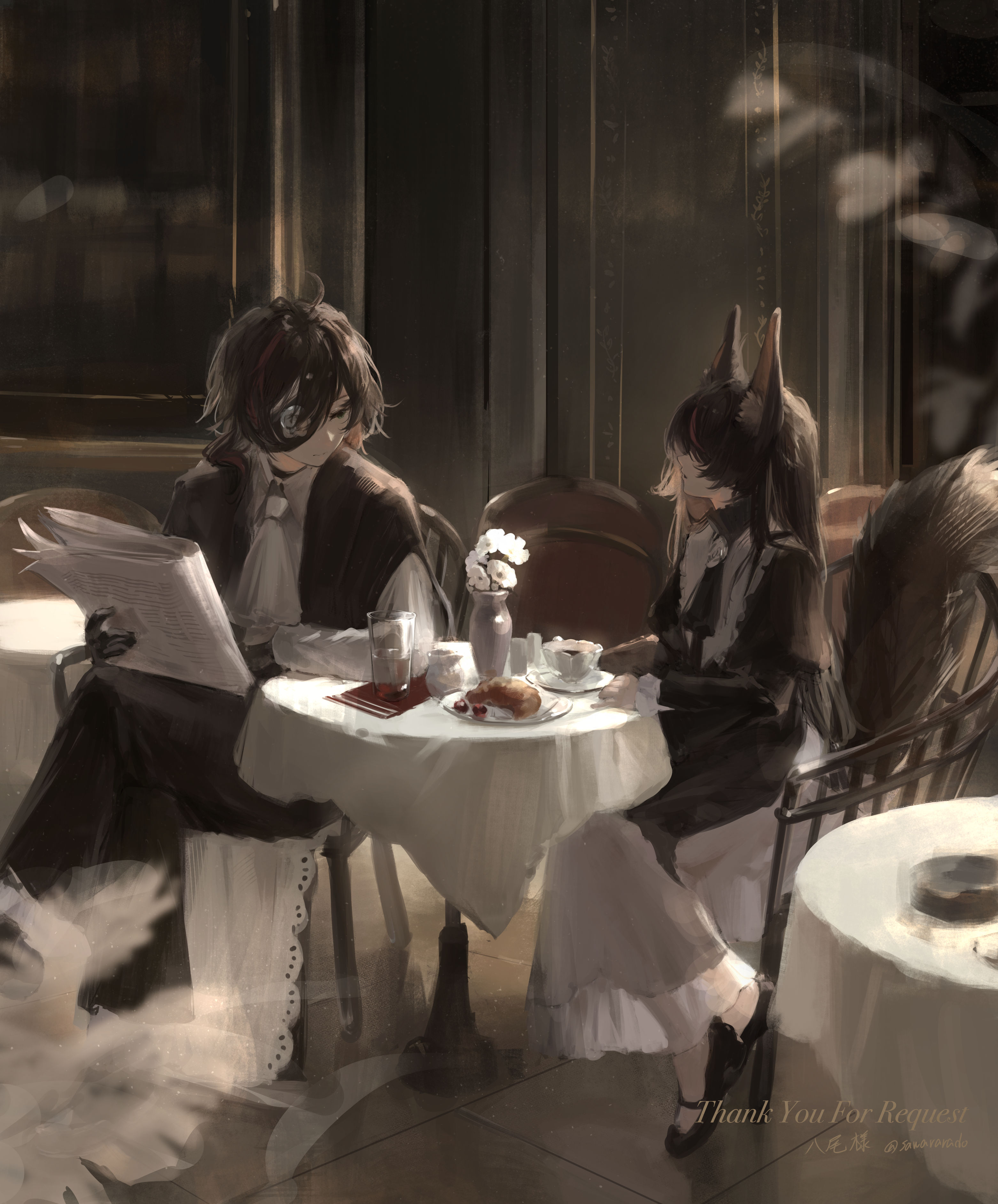 sawararado, original, absurdres, commentary, commission, highres, skeb commission, symbol-only commentary, 1boy, 1girl, animal ear fluff, animal ears, arm on table, artist name, ascot, black hair, black jacket, black shoes, chair, closed mouth, collared shirt, covered eyes, croissant, cup, dress, expressionless, facing another, flower, food, glass, hair over eyes, holding, holding newspaper, indoors, jacket, long dress, long hair, long sleeves, mary janes, newspaper, on chair, open clothes, open jacket, parted lips, picture frame, plate, shirt, shoes, sitting, slice of life, table, tablecloth, tail, teacup, thank you, two-tone dress, vase, water, white ascot, white flower, white shirt, wing collar