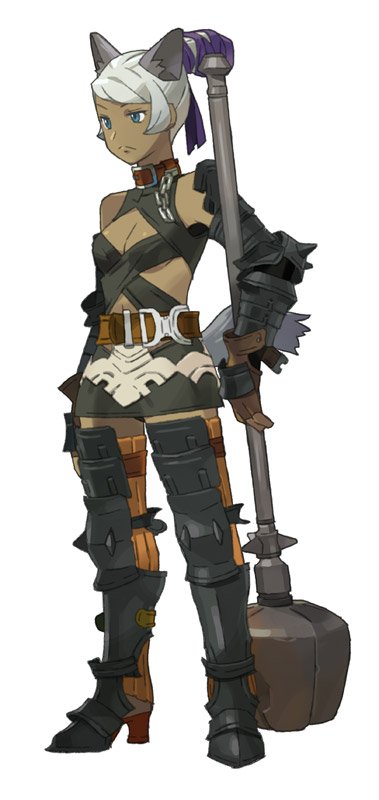 sarmat, neesa, vagrant story, 1girl, animal ears, armor, boots, breasts, cat ears, collar, female focus, gauntlets, hammer, leather, mace, miniskirt, panties, pantyshot, skirt, small breasts, solo, underboob, underwear, weapon, white hair