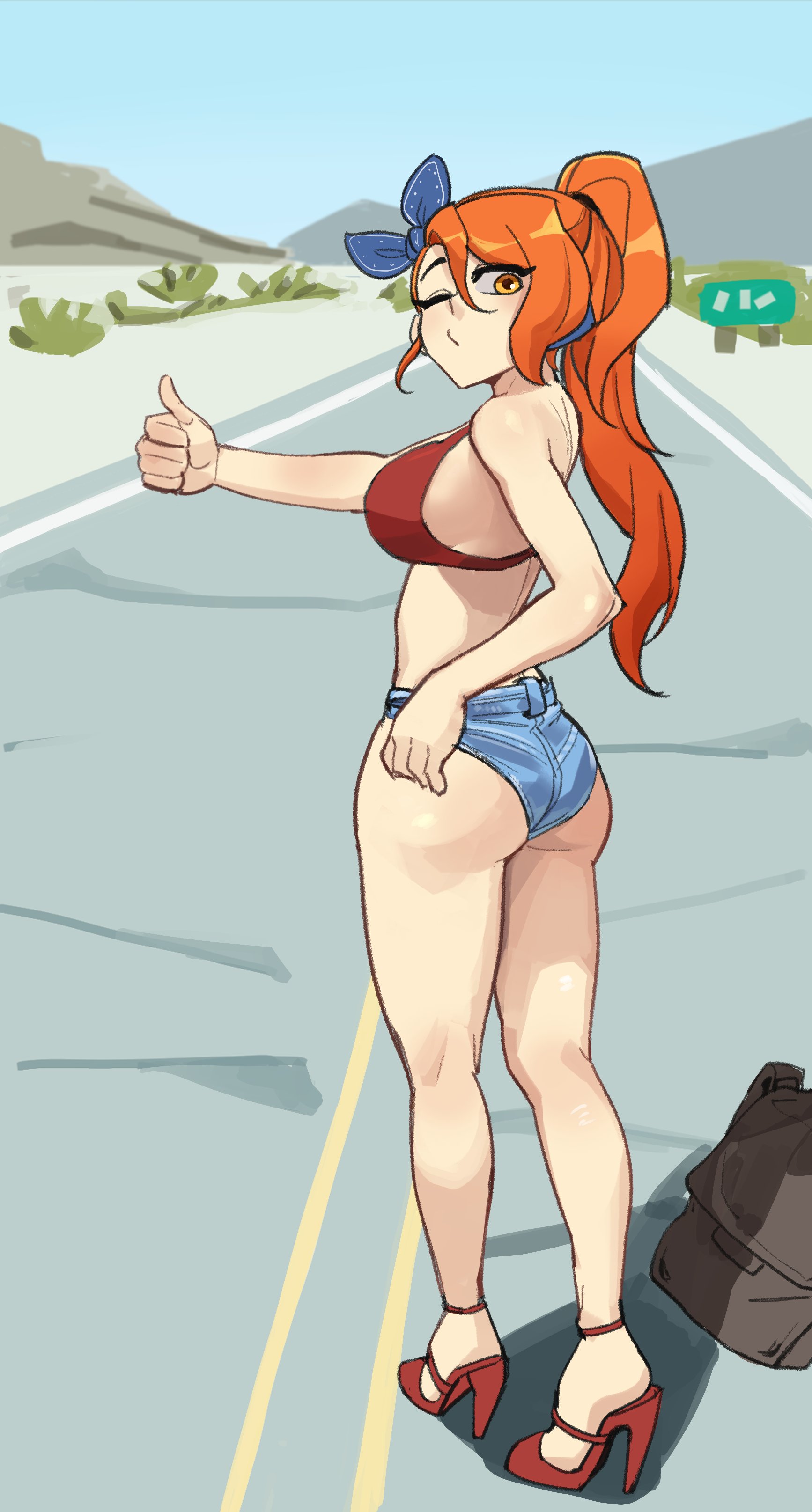hyyun ho, june (hyyun ho), original, absurdres, commentary, english commentary, highres, 1girl, ass, bag, bikini, bikini top only, blue ribbon, blue shorts, breasts, brown bag, denim, denim shorts, from behind, hair ribbon, high heels, large breasts, long hair, looking at viewer, looking back, micro shorts, one eye closed, orange eyes, orange hair, ponytail, puckered lips, red bikini, red shoes, ribbon, road, shoes, shorts, solo, swimsuit, thumbs up, unworn bag