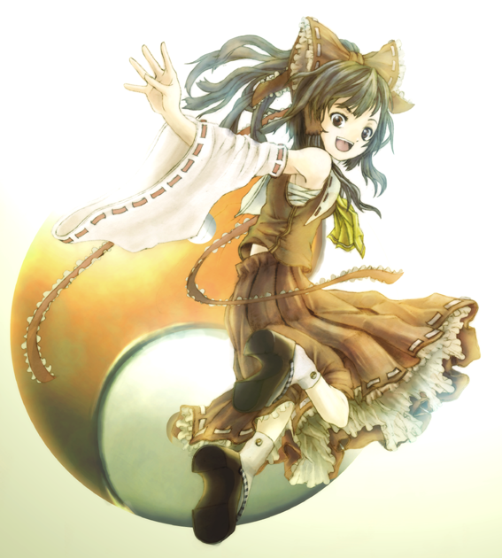 hakurei reimu, yin (darker than black), touhou, non-web source, 1girl, :d, brown eyes, brown hair, detached sleeves, dress, female focus, long sleeves, looking at viewer, open mouth, red dress, ribbon-trimmed sleeves, ribbon trim, sidelocks, smile, solo, waving, yin yang