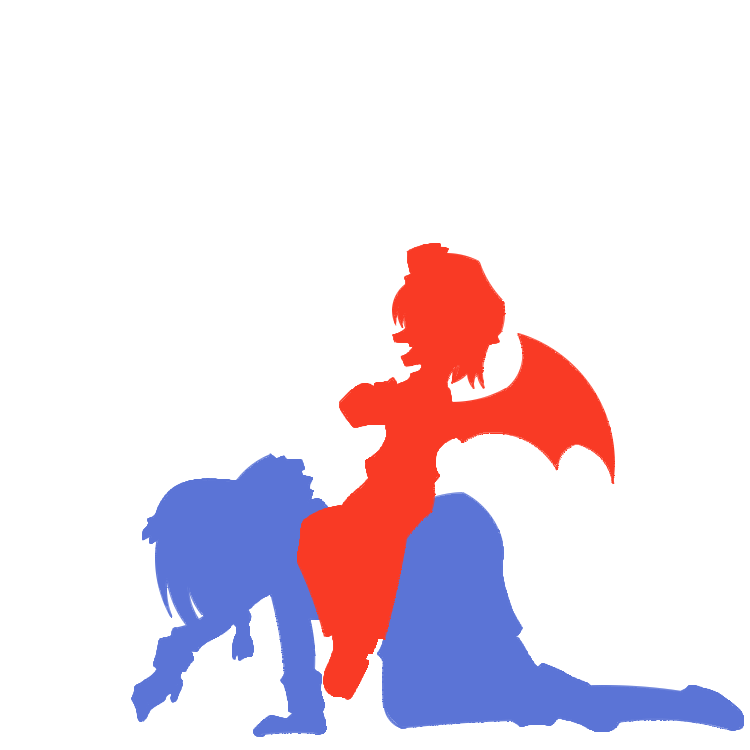 izayoi sakuya, remilia scarlet, touhou, non-web source, 2girls, bat wings, demon wings, female focus, maid, multiple girls, open mouth, prostration, riding, short hair, silhouette, simple background, sitting, white background, wings