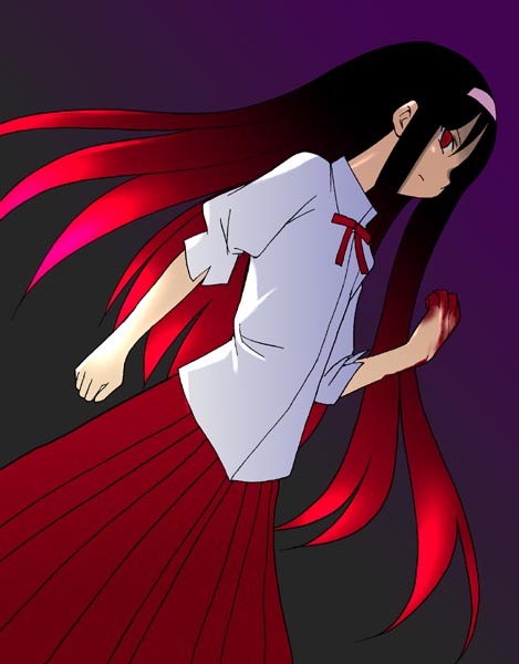 tohno akiha, toono akiha, vermillion akiha, tsukihime, 00s, blood, long hair, multicolored hair, red hair, solo, two-tone hair
