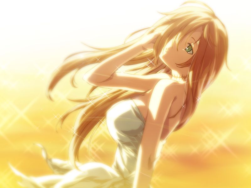g yuusuke, marie (dies irae), dies irae, shinza bansho series, game cg, 10s, 1girl, blonde hair, breasts, dress, female focus, green eyes, hair over one eye, large breasts, long hair, outdoors, scar, solo, sunlight