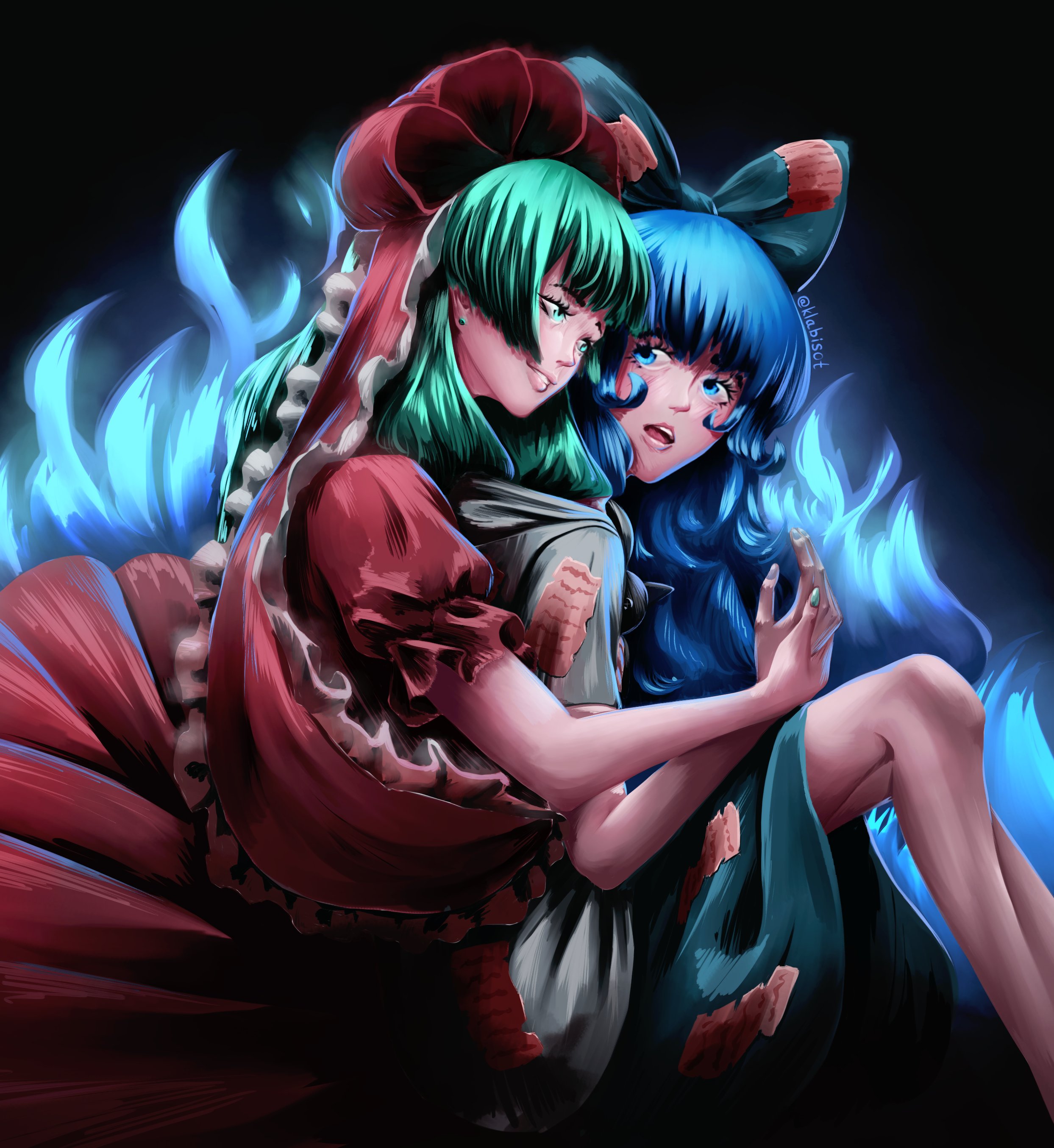 klabisot, kagiyama hina, yorigami shion, touhou, absurdres, highres, 2girls, blue bow, blue eyes, blue hair, blue skirt, blunt bangs, bow, dress, front ponytail, green eyes, green hair, green nails, hair bow, hair ribbon, long hair, multiple girls, open mouth, puffy short sleeves, puffy sleeves, red bow, red dress, red ribbon, ribbon, short sleeves, skinny, skirt, smile, very long hair, yuri