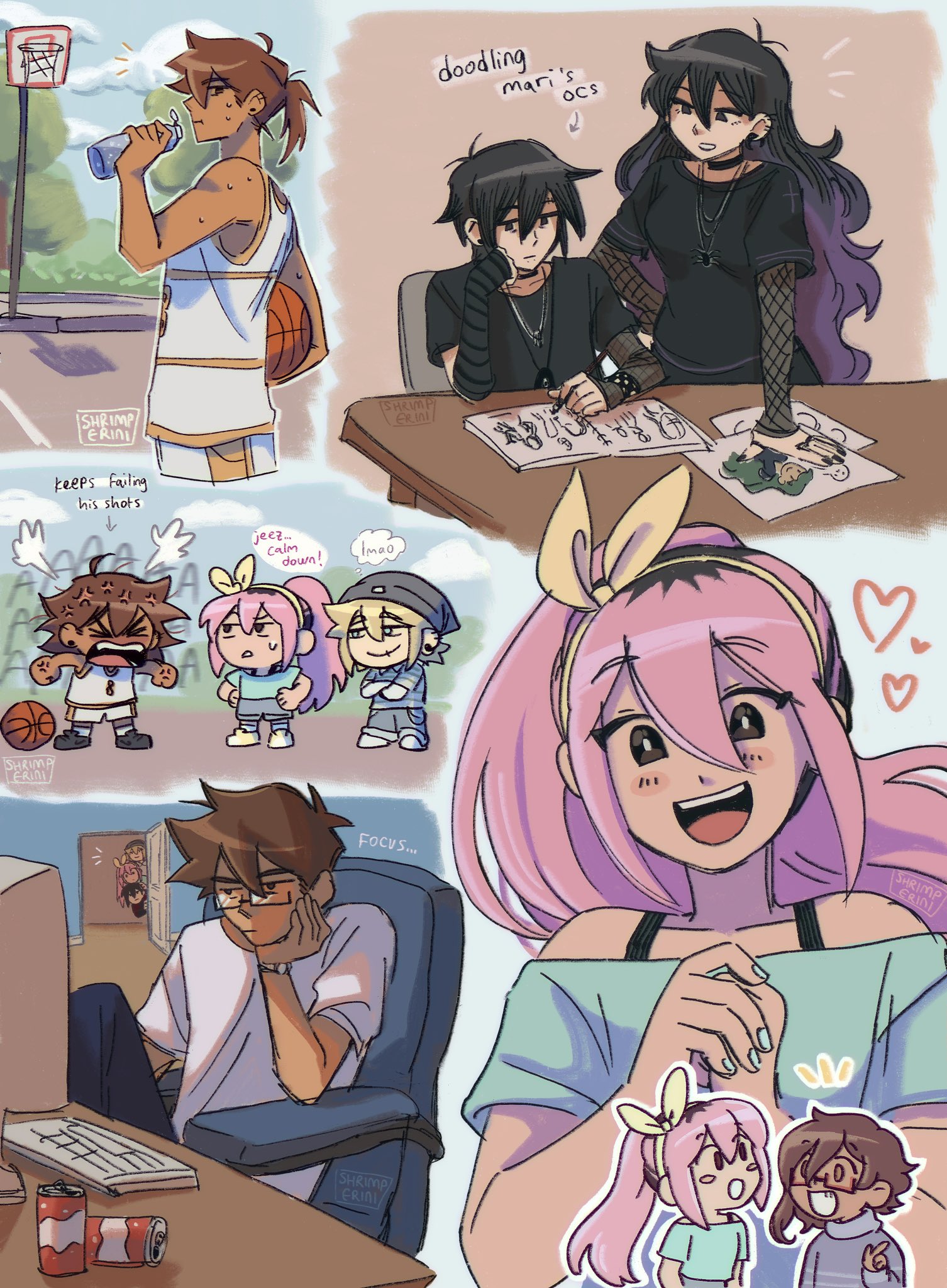 shrimperini, aubrey (faraway) (omori), aubrey (omori), basil (faraway) (omori), basil (omori), hero (faraway) (omori), hero (omori), kel (faraway) (omori), kel (omori), kim (omori), mari (faraway) (omori), mari (omori), something (omori), sunny (omori), omori, highres, 3girls, 4boys, alternate costume, alternate hairstyle, alternate universe, anger vein, antenna hair, arrow (symbol), artist name, ball, basketball (object), basketball court, basketball hoop, basketball jersey, black-framed eyewear, black eyes, black hair, black nails, black shirt, blonde hair, blue eyes, blue nails, blue shirt, blush stickers, bottle, breasts, brother and sister, brothers, brown eyes, brown hair, can, chibi, closed mouth, computer, ear piercing, emori (shrimperini), english text, face piercing, gradient hair, hairband, heart, holding, holding ball, holding bottle, index finger raised, jewelry, lip piercing, long hair, looking at viewer, multicolored hair, multiple boys, multiple girls, necklace, off-shoulder shirt, off shoulder, open mouth, piercing, pink hair, ponytail, purple hair, rectangular eyewear, red-framed eyewear, roots (hair), semi-rimless eyewear, shirt, short hair, short ponytail, short sleeves, siblings, small breasts, speech bubble, sweat, t-shirt, teeth, thought bubble, two-tone hair, under-rim eyewear, upper teeth only, water bottle, white shirt, yellow hairband