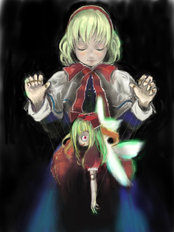 ryu (gaquarium), alice margatroid, shanghai doll, touhou, 1girl, :d, blonde hair, blue dress, bow, bowtie, capelet, closed eyes, doll, dress, fairy wings, female focus, long sleeves, open mouth, puppet, red bow, red bowtie, red dress, short hair, smile, solo, wings