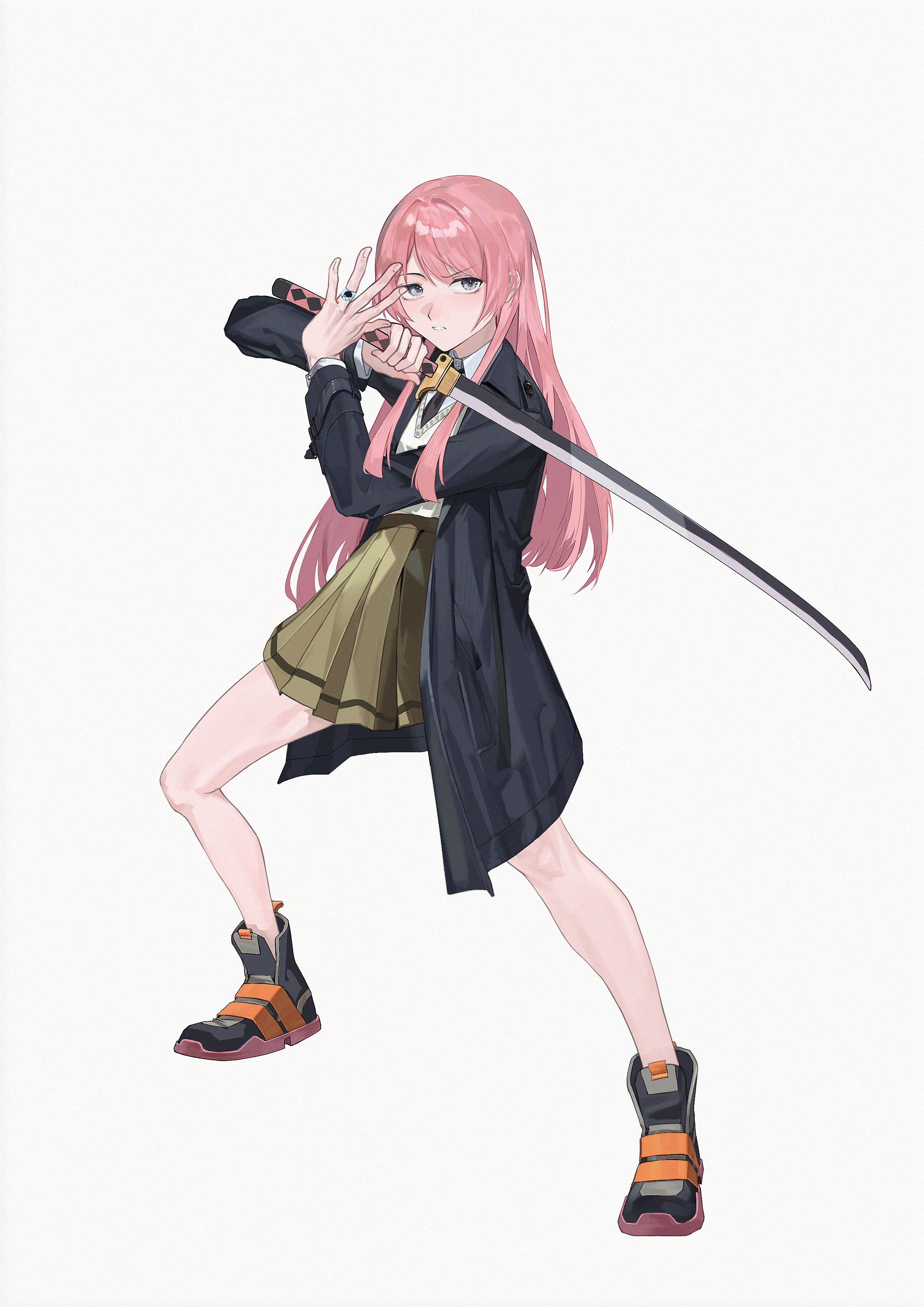 chihaya anon, bang dream!, bang dream! it's mygo!!!!!, absurdres, commentary, highres, 1girl, black jacket, green skirt, grey eyes, hinooka, holding, holding sword, holding weapon, jacket, katana, long hair, looking at viewer, parted lips, pink hair, shirt, simple background, skirt, solo, sweater vest, sword, weapon, white background, white shirt, white sweater vest