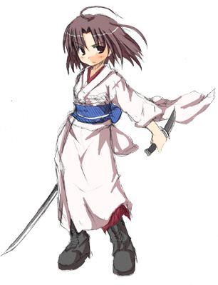ryougi shiki, kara no kyoukai, lowres, 1girl, chibi, female focus, japanese clothes, katana, kimono, knife, reverse grip, solo, sword, weapon