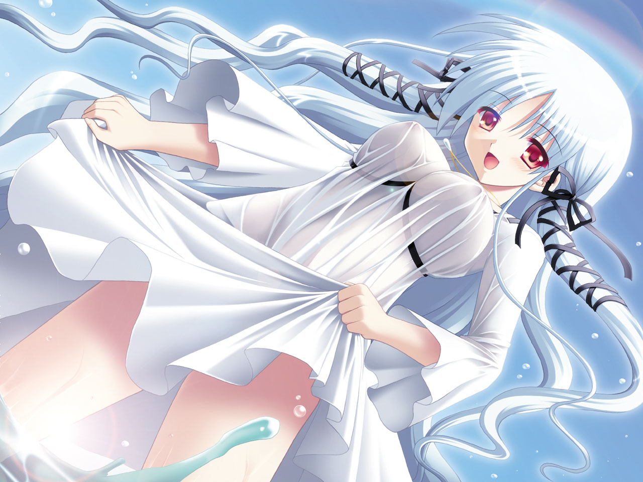 alto seneka, sui (niji wo mitsuketara oshiete.), niji wo mitsuketara oshiete., game cg, 1girl, breasts, dress, female focus, large breasts, long hair, see-through clothes, solo, twintails, water, wet, white hair