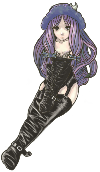 ryu (gaquarium), patchouli knowledge, touhou, 1girl, armbinder, bdsm, bondage, bound, bound arms, corset, female focus, leather, legbinder, long hair, pale skin, purple hair, solo, thighhighs