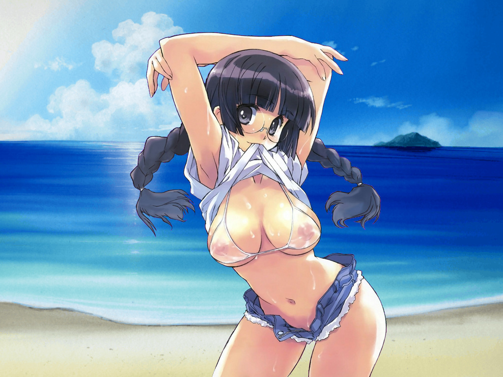 matsumoto noriyuki, 1girl, armpits, beach, bikini, breasts, clothes lift, day, female focus, glasses, large breasts, mouth hold, ocean, open fly, outdoors, see-through clothes, shirt lift, short shorts, shorts, solo, swimsuit, twintails, unzipped