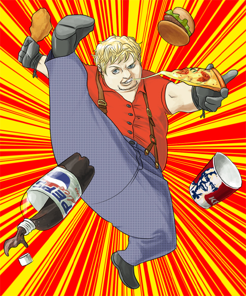takada, bob (tekken), kfc, pepsi, tekken, tekken 6, 1boy, beard, bird, burger, chicken, chicken (food), denim, facial hair, fat, fat man, food, high kick, jeans, kicking, male focus, pants, parody, pizza, product placement, solo, suspenders
