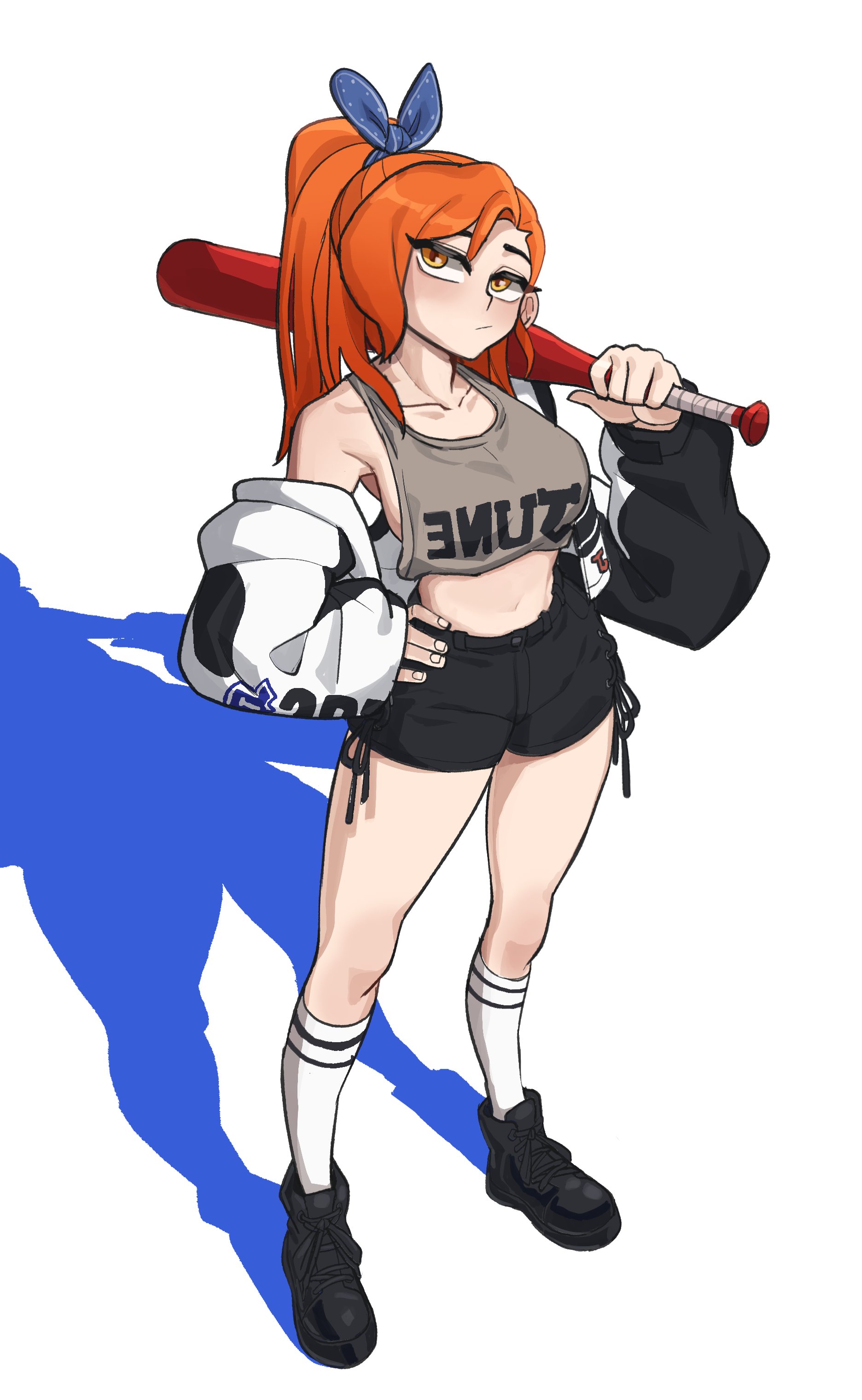 hyyun ho, june (hyyun ho), original, absurdres, commentary, highres, 1girl, bare shoulders, baseball bat, black jacket, black shoes, black shorts, blue ribbon, breasts, brown tank top, collarbone, colored shadow, crop top, full body, hair ribbon, hand on own hip, holding, holding baseball bat, jacket, large breasts, long hair, long sleeves, midriff, multicolored jacket, off shoulder, orange eyes, orange hair, over shoulder, ponytail, ribbon, shadow, shoes, short shorts, shorts, simple background, socks, solo, standing, tank top, two-tone jacket, weapon, weapon over shoulder, white background, white jacket, white socks