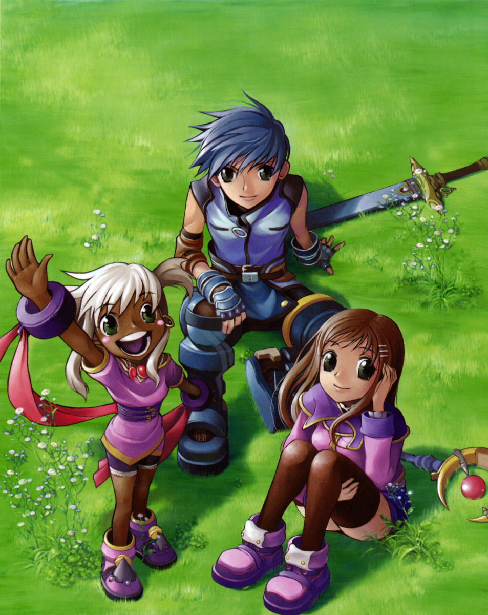 fayt leingod, sophia esteed, souffle rosetti, square enix, star ocean, star ocean: till the end of time, highres, 1boy, 2girls, blue hair, dark skin, fingerless gloves, gloves, grass, green eyes, long hair, multiple girls, open mouth, pencil skirt, skirt, staff, sword, thighhighs, twintails, weapon, white hair