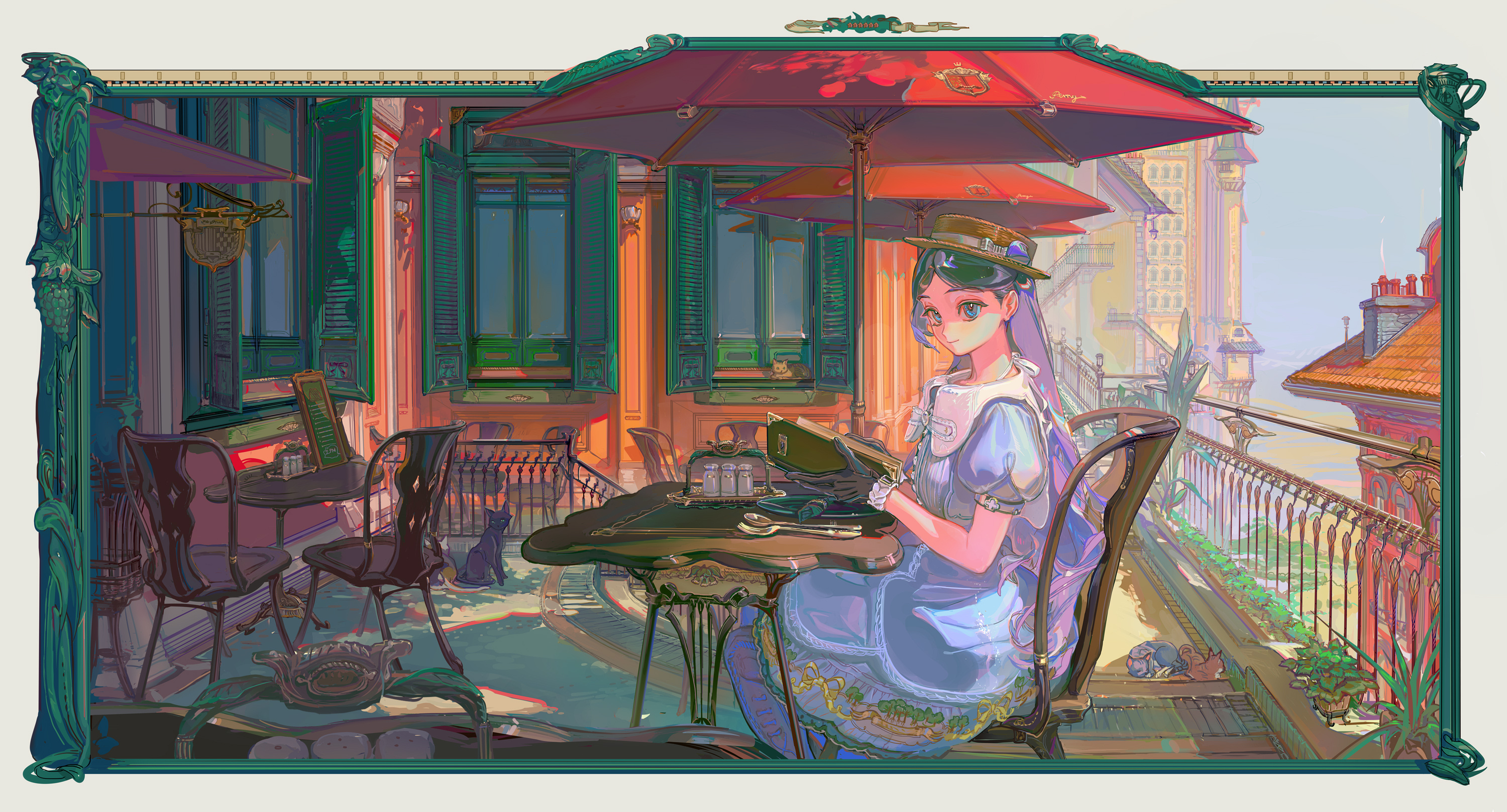 tamomoko, taro-k, original, commentary, english commentary, highres, 1girl, animal, black cat, black gloves, black hair, blue dress, border, brown hat, building, cat, chair, closed mouth, day, dress, fence, fork, formal clothes, gloves, hat, holding, holding menu, iron fence, looking at viewer, looking to the side, menu, on chair, ornate border, outdoors, parasol, patio, plate, puffy short sleeves, puffy sleeves, restaurant, salt shaker, scenery, short sleeves, slice of life, smile, solo, spoon, table, umbrella, white border, window, window shutter