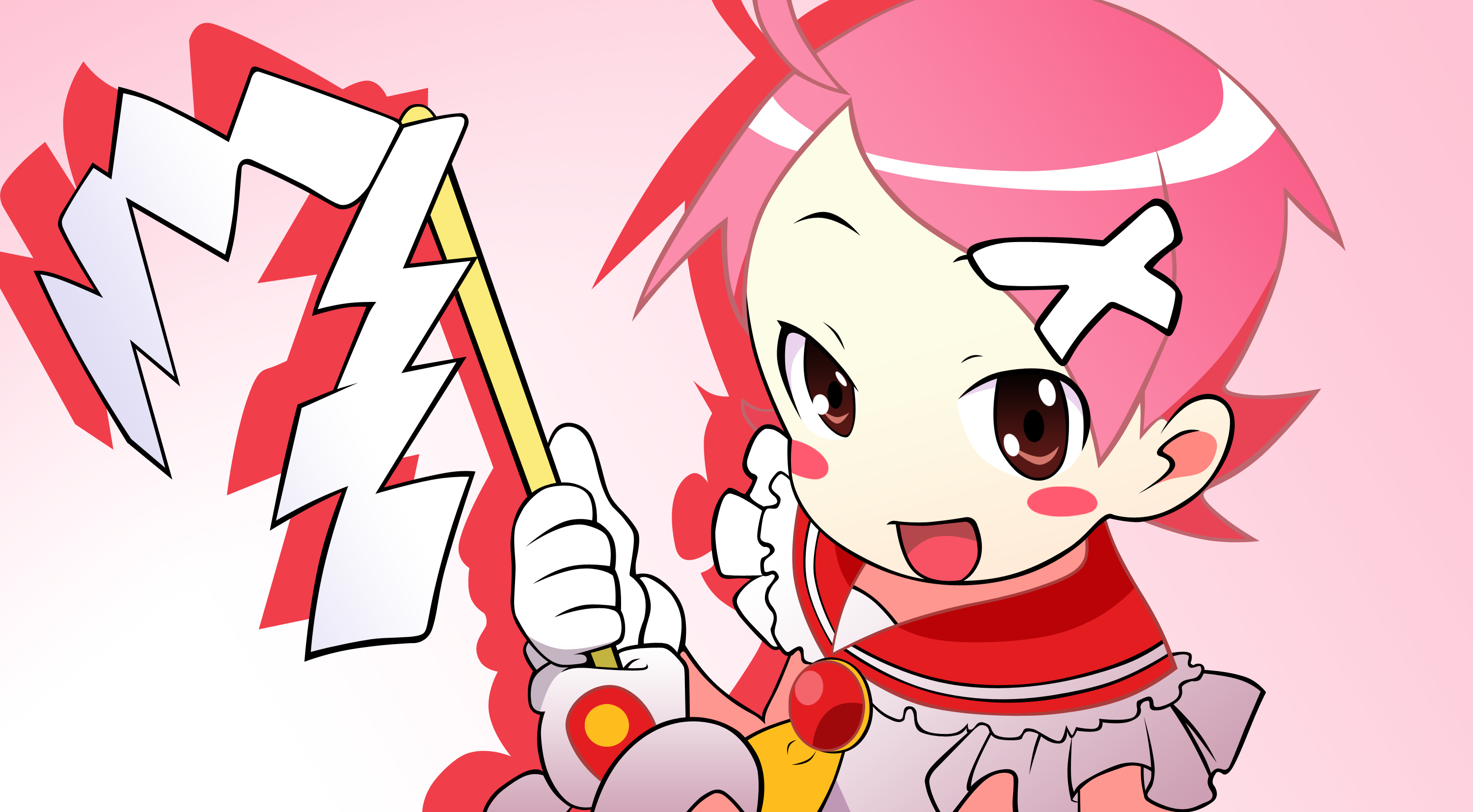 fuura kafuka, sayonara zetsubou sensei, derivative work, highres, vector trace, 00s, 1girl, :d, ahoge, ascot, blush stickers, brown eyes, female focus, frilled shirt collar, frills, gloves, gohei, hair ornament, hairclip, holding, looking at viewer, open mouth, pink background, pink hair, short hair, simple background, sleeveless, smile, solo, upper body, white gloves, x hair ornament