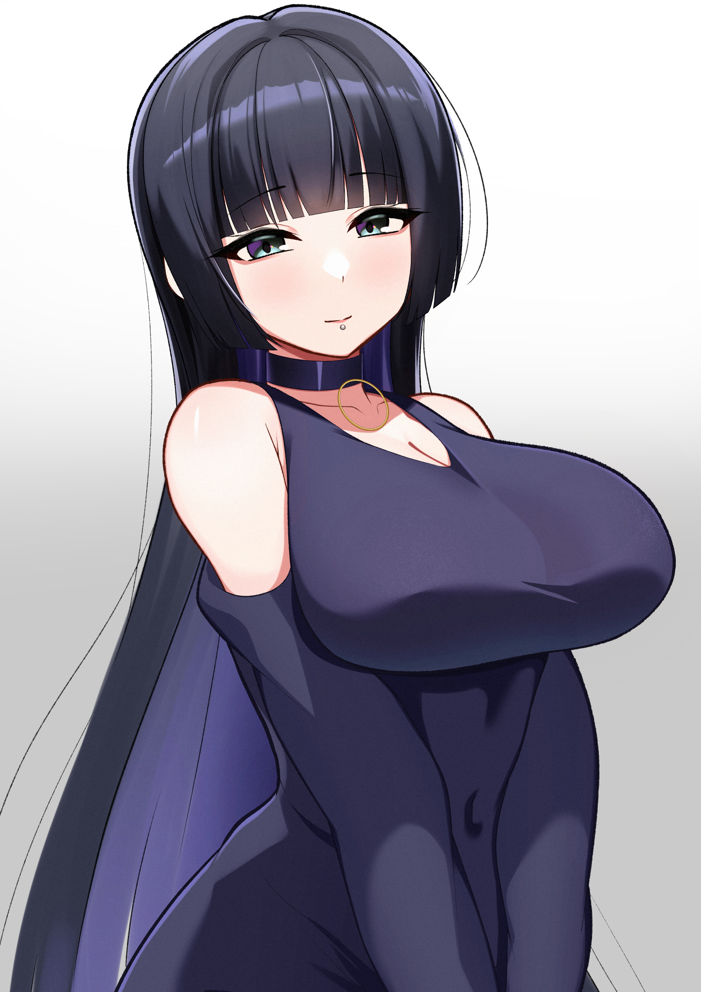 bigthirteen0301, pa-san, bocchi the rock!, highres, aqua eyes, black choker, black dress, black hair, blunt bangs, breasts, choker, closed mouth, colored inner hair, detached sleeves, dress, face piercing, hime cut, huge breasts, jewelry, large breasts, lip piercing, lipstick, long hair, long sleeves, makeup, multicolored hair, piercing, purple hair, simple background, two-tone hair, upper body, v arms, very long hair, white background, wide sleeves