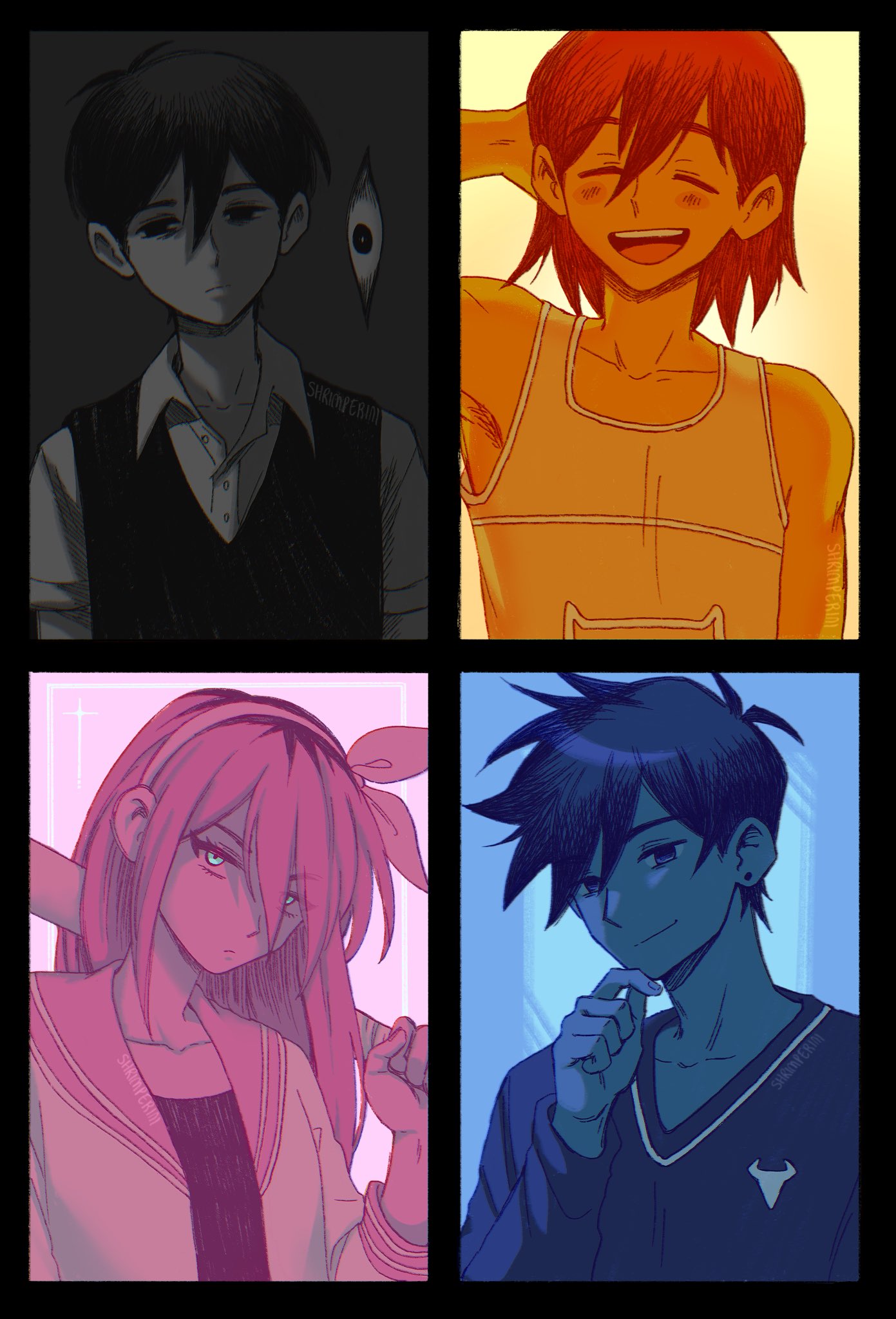 shrimperini, aubrey (faraway) (omori), aubrey (omori), hero (faraway) (omori), hero (omori), kel (faraway) (omori), kel (omori), something (omori), sunny (omori), omori, highres, 1girl, 3boys, antenna hair, arm behind head, arm up, artist name, black border, black eyes, black hair, blue sweater, blush, border, brown hair, closed eyes, closed mouth, collarbone, collared shirt, dark-skinned male, dark skin, double-parted bangs, ear piercing, hair between eyes, hairband, jacket, long sleeves, looking at viewer, multicolored hair, multiple boys, open mouth, piercing, pink hair, roots (hair), shirt, short hair, short sleeves, smile, sweater, teeth, tongue, upper teeth only, white jacket, white shirt, yellow hairband