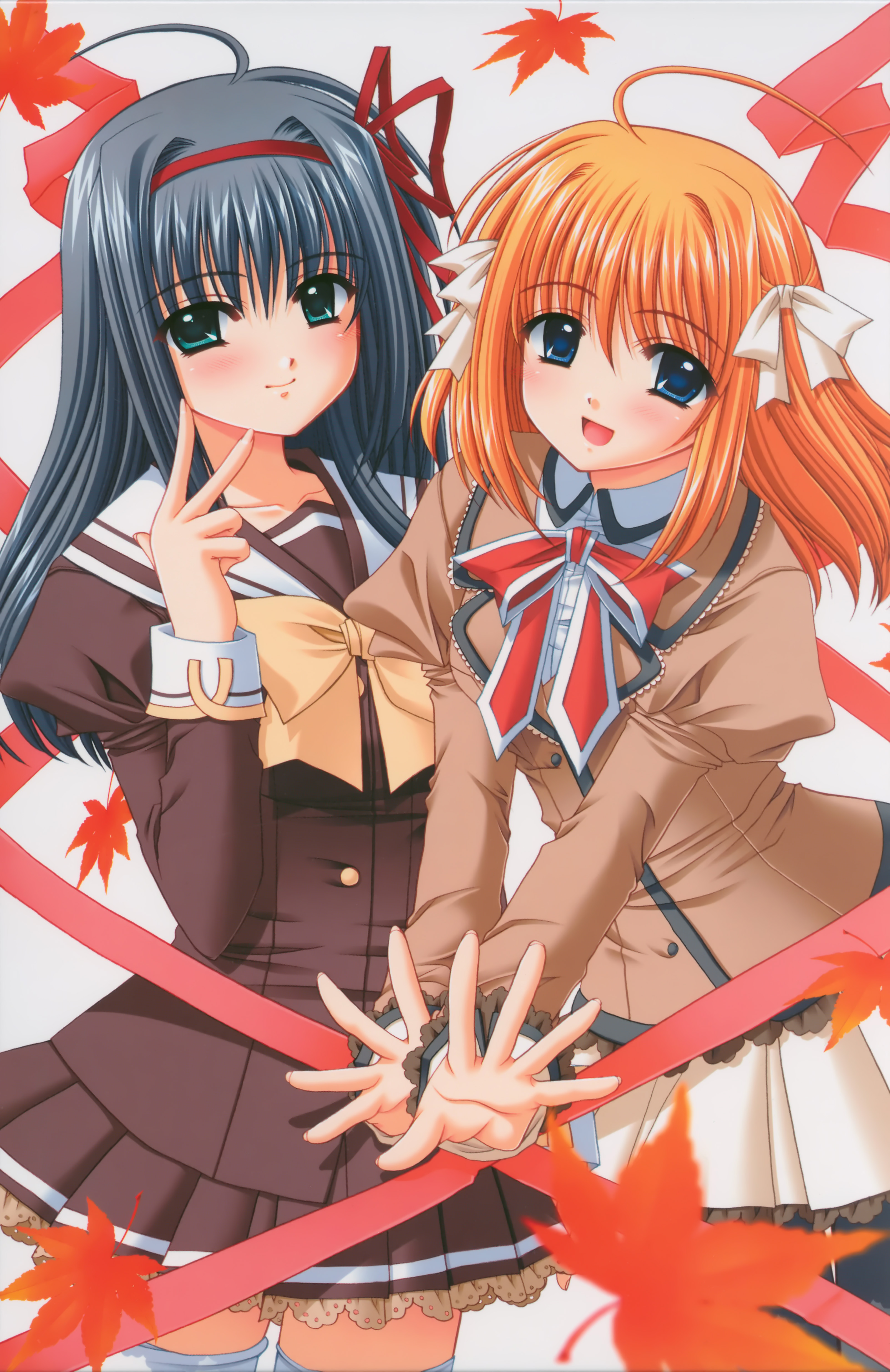 nishimata aoi, fuyou kaede, yae sakura, really? really!, shuffle!, absurdres, highres, official art, scan, 00s, 2girls, multiple girls, pantyhose, thighhighs