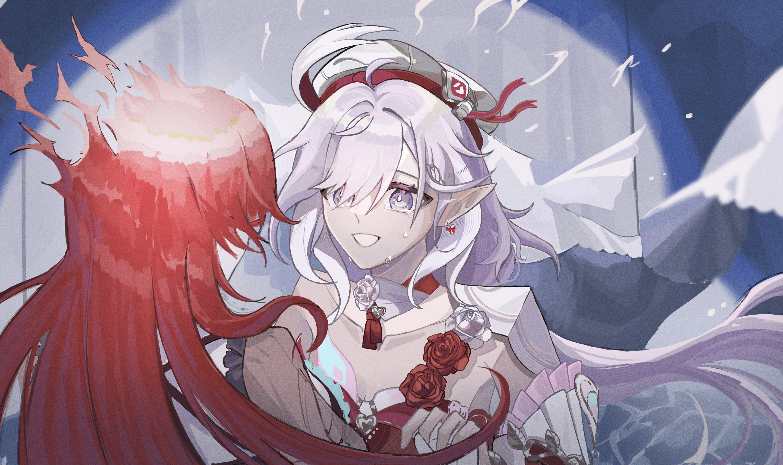 eden (flowing rhyme) (honkai impact), eden (honkai impact), elysia (honkai impact), honkai (series), honkai impact 3rd, hashtag-only commentary, highres, 2girls, breasts, bridal veil, elf, elysia (hi elf of love) (honkai impact), large breasts, long hair, looking at another, multicolored hair, multiple girls, musynus, official alternate costume, pink hair, pointy ears, purple eyes, tears, two-tone hair, veil, very long hair, white hair, yuri