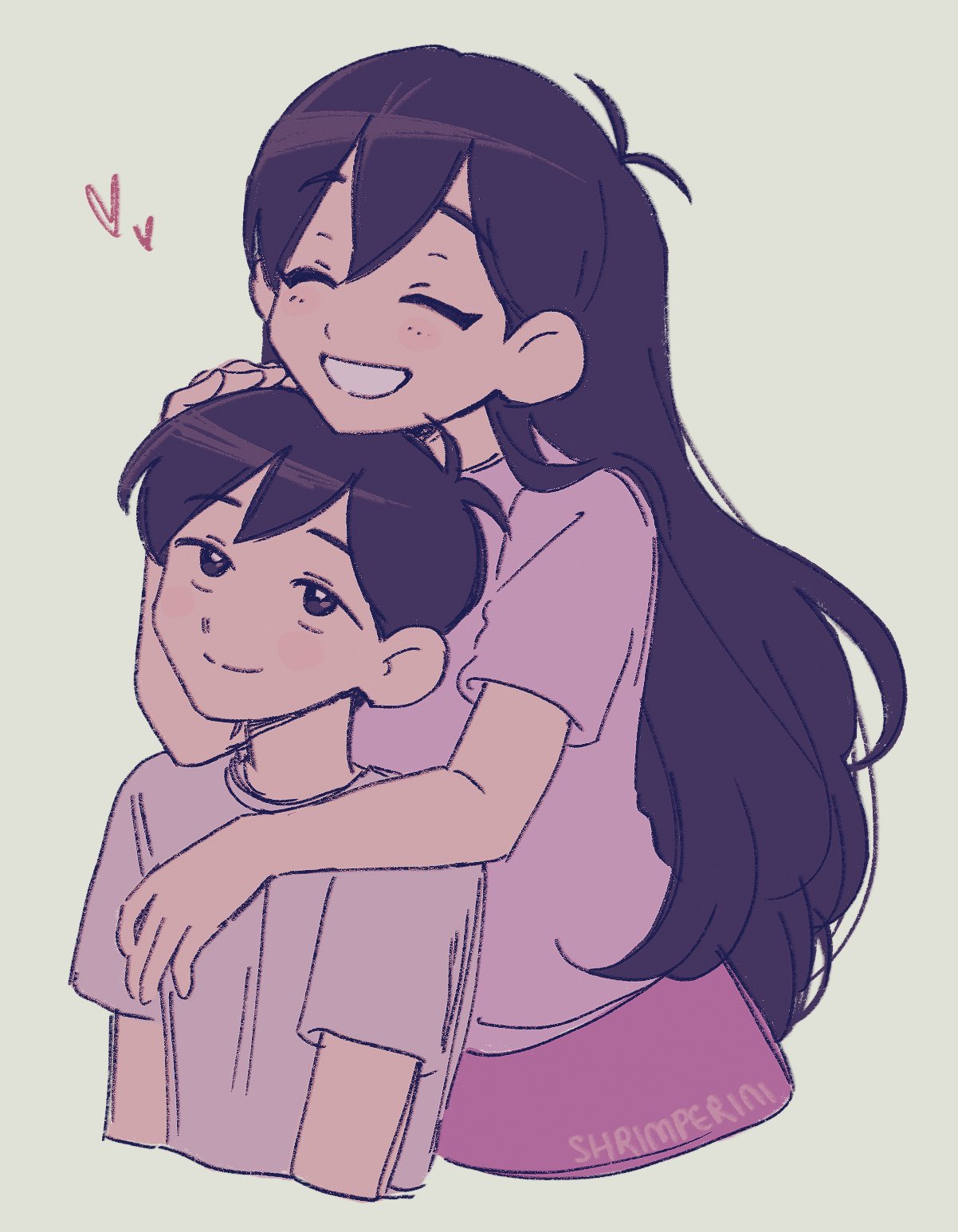 shrimperini, mari (faraway) (omori), mari (omori), sunny (omori), omori, highres, 1boy, 1girl, alternate costume, antenna hair, artist name, black hair, blush, brother and sister, closed eyes, closed mouth, double-parted bangs, grey shirt, hand on another's head, heart, hug, hug from behind, long hair, looking at another, open mouth, pink shirt, shirt, short hair, short sleeves, siblings, simple background, smile, t-shirt, white background