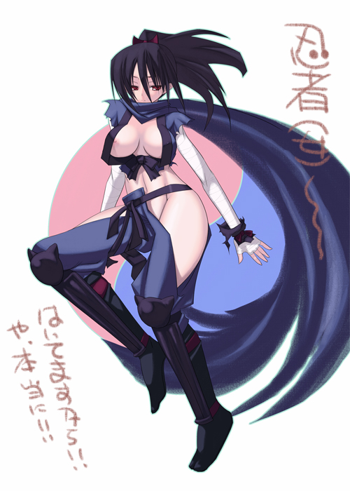 1girl, black hair, breasts, cape, cleavage, curvy, female focus, fingerless gloves, gloves, large breasts, ninja, nipple slip, nipples, pale skin, ponytail, red eyes, scarf, solo