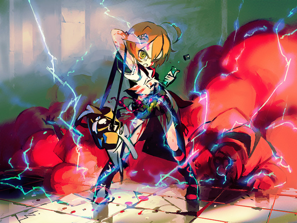jnt, medic (sekaiju), medic 2 (sekaiju), atlus, etrian odyssey, 1girl, ahoge, arm up, bag, black boots, blood, boots, clenched hand, electricity, female focus, full body, handbag, holding, knee boots, lightning, looking at viewer, open mouth, orange hair, pillar, short hair, short sleeves, smoke, solo, standing, tile floor, tiles, v-shaped eyebrows, yellow eyes