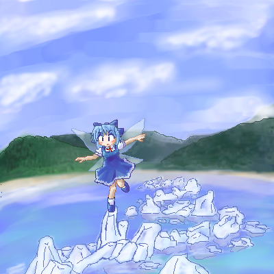 cirno, embodiment of scarlet devil, touhou, lowres, 1girl, female focus, ice, oekaki, solo