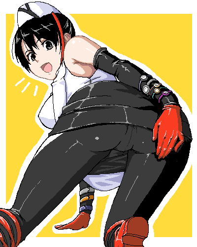 akiyama rina, kamen rider den-o, naomi (kamen rider den-o), kamen rider, kamen rider den-o (series), lowres, 1girl, all fours, arm support, armpits, ass, bent over, black hair, border, breasts, elbow gloves, female focus, from behind, gloves, grey eyes, happy, hat, looking at viewer, looking back, miniskirt, oekaki, outline, outside border, pantyhose, red gloves, simple background, skirt, smile, solo, white border
