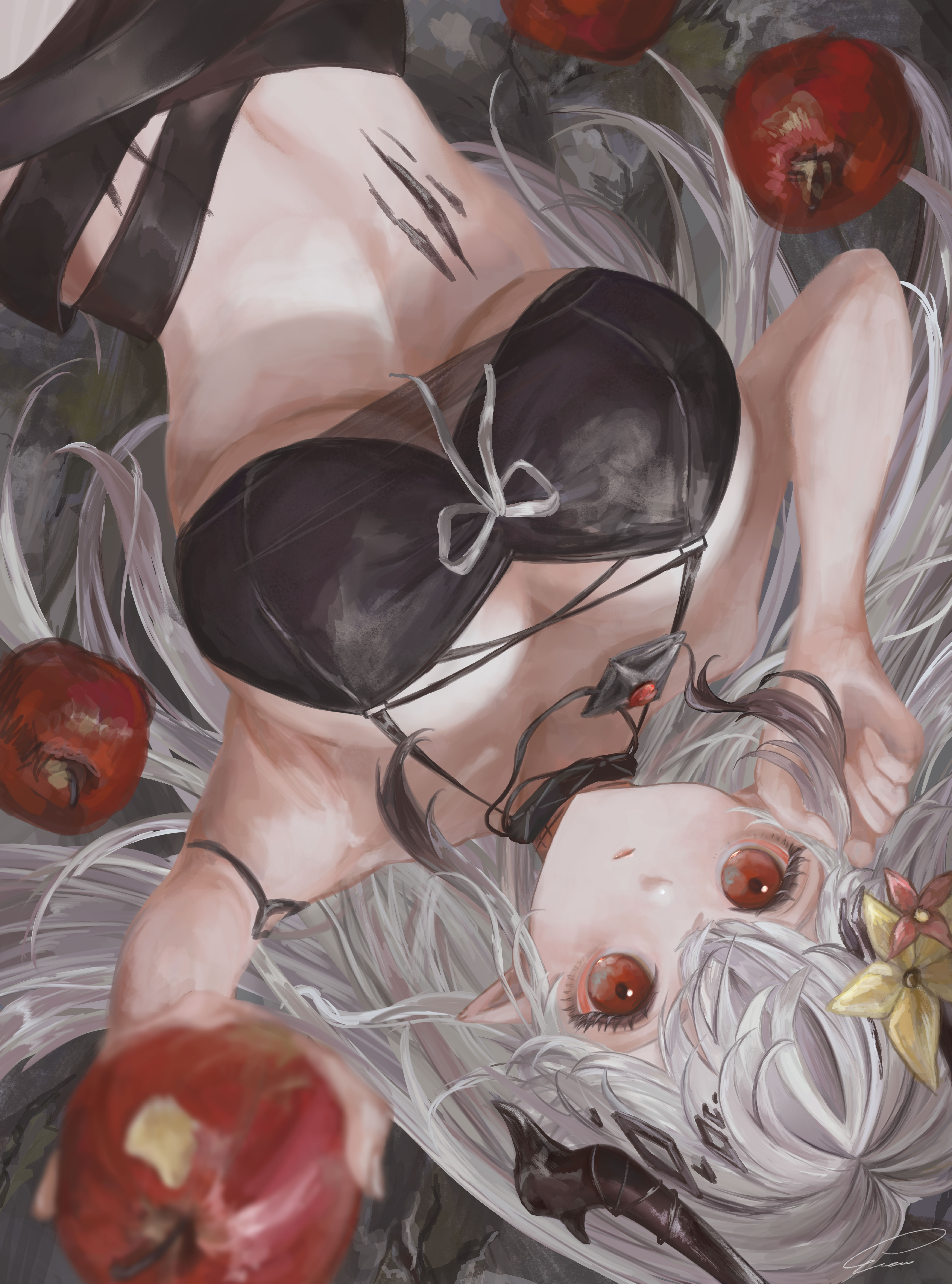 vea (v ea ), infection monitor (arknights), mudrock (arknights), mudrock (silent night) (arknights), arknights, absurdres, highres, 1girl, apple, aqua choker, bare shoulders, bikini, black bikini, black choker, black horns, breasts, choker, eyelashes, flower, food, fruit, hair flower, hair ornament, hand in own hair, holding, holding food, holding fruit, horns, large breasts, long hair, looking at viewer, lying, material growth, multicolored choker, official alternate costume, oripathy lesion (arknights), pointy ears, red eyes, red flower, solo, swimsuit, upper body, white hair, yellow flower