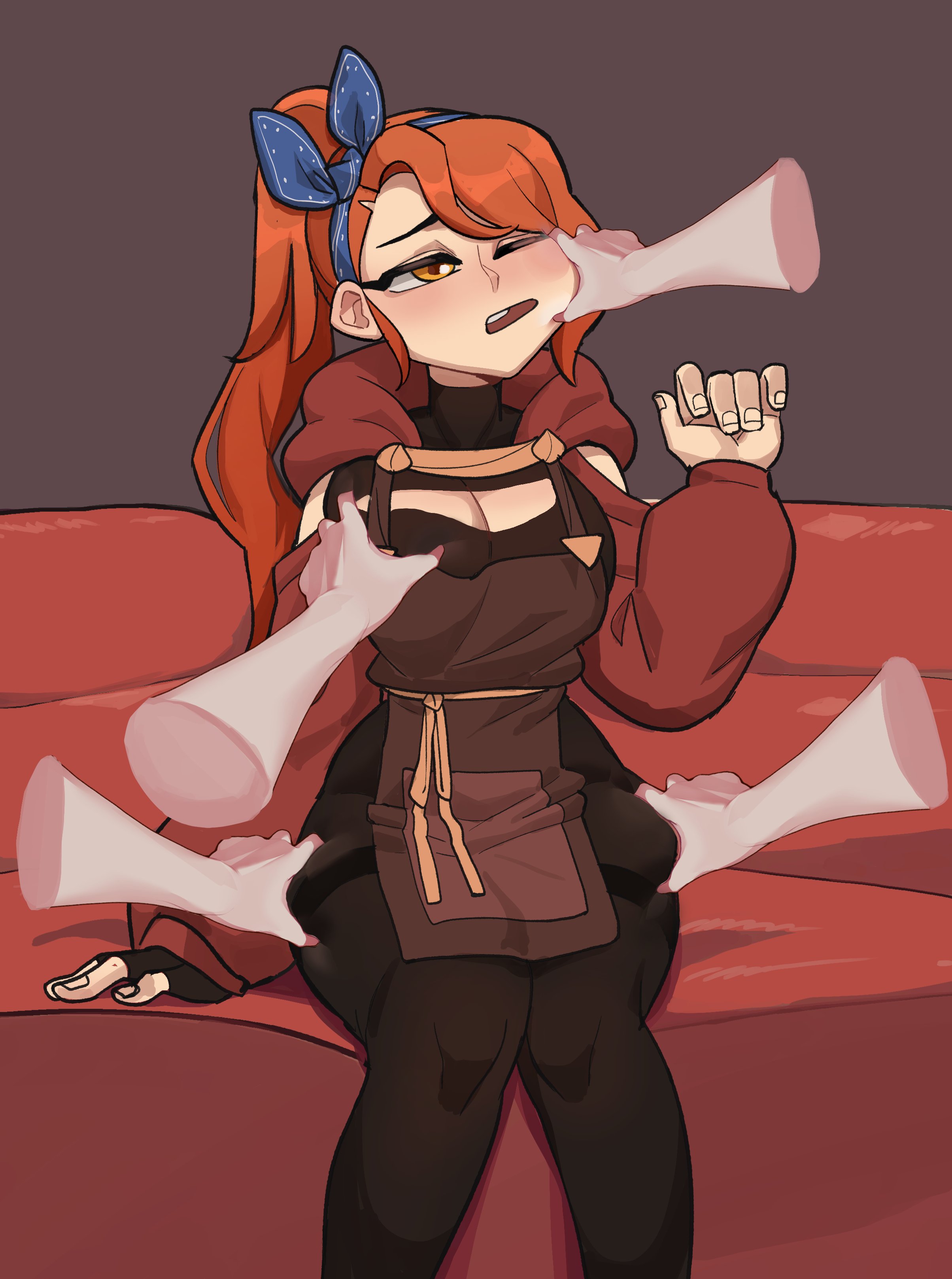 hyyun ho, june (hyyun ho), original, absurdres, commentary, english commentary, highres, 1girl, apron, arm support, black gloves, black pantyhose, blue ribbon, breasts, brown apron, cheek pinching, cleavage, cleavage cutout, clothing cutout, disembodied hand, facing viewer, feet out of frame, fingerless gloves, gloves, grabbing another's breast, grabbing another's thighs, groping, hair ribbon, hand up, hood, hood down, hooded shrug, large breasts, long sleeves, meme, one eye closed, orange eyes, orange hair, pantyhose, pinching, pov cheek grabbing (meme), red shrug, ribbon, shrug (clothing), single fingerless glove, sitting, solo, thighband pantyhose