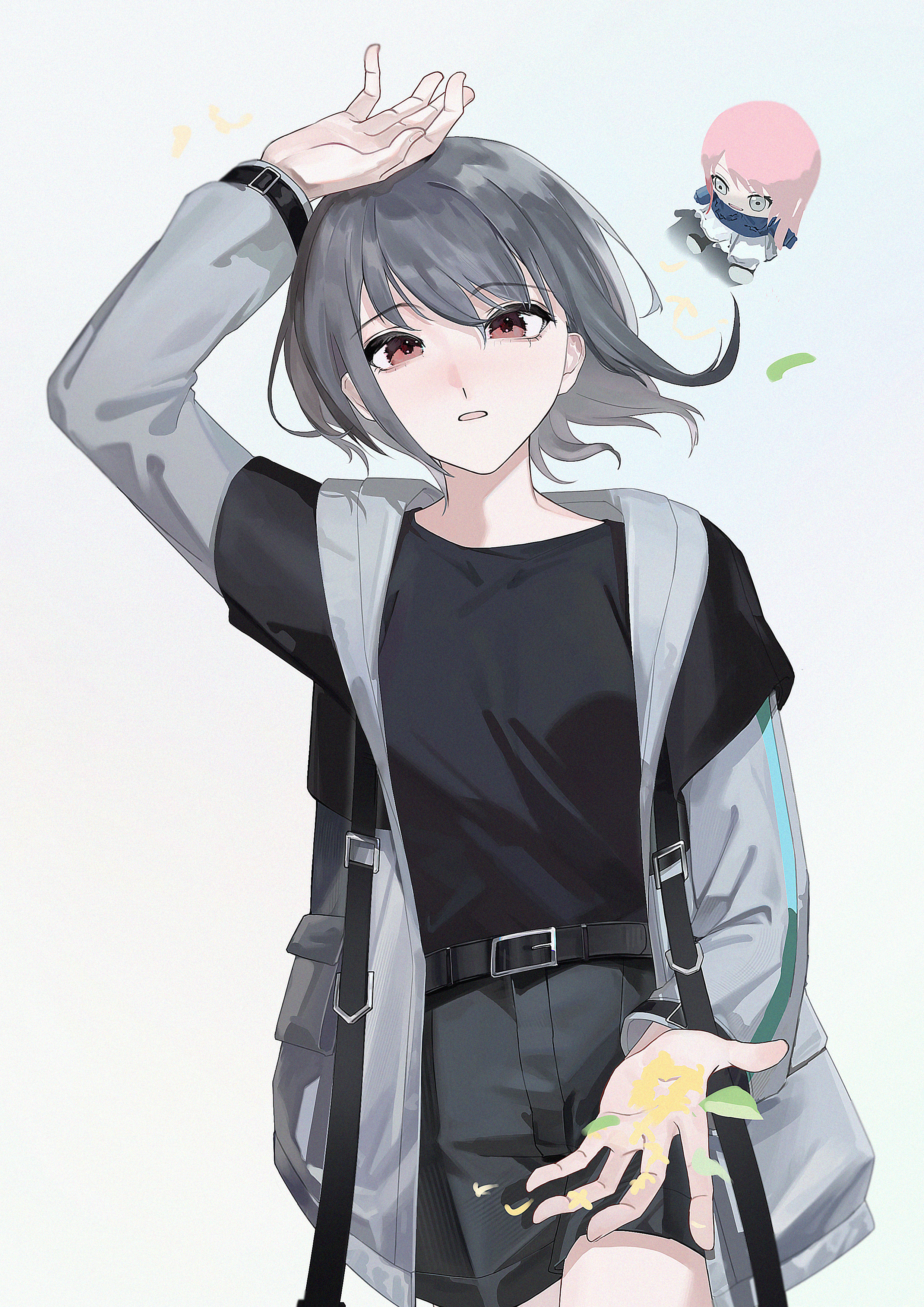 chihaya anon, takamatsu tomori, bang dream!, bang dream! it's mygo!!!!!, absurdres, commentary, highres, 1girl, belt, black shirt, black shorts, character doll, doll, gradient background, grey hair, grey jacket, hand up, hinooka, jacket, long sleeves, looking at viewer, parted lips, red eyes, shirt, short hair, shorts, solo